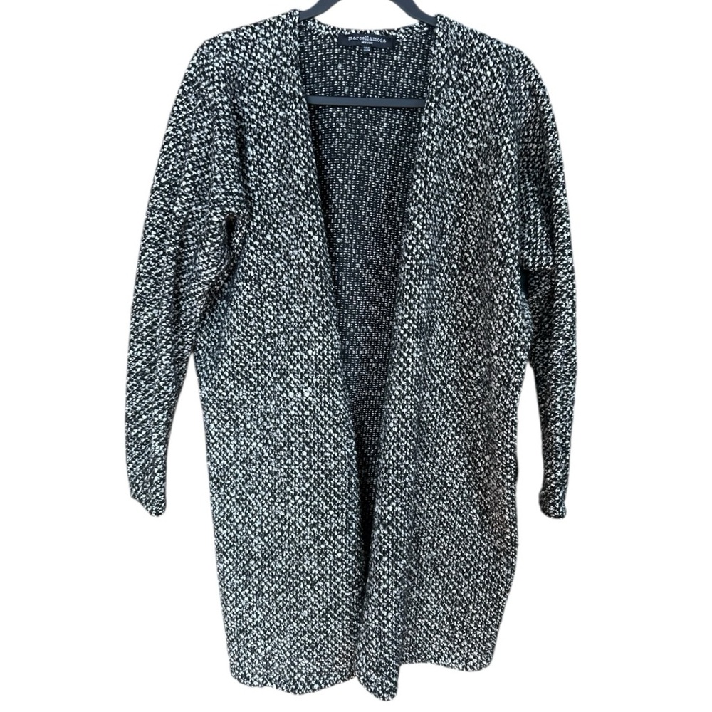 Marcellamoda 100% Wool Black white marled cardigan sweater one size missing belt